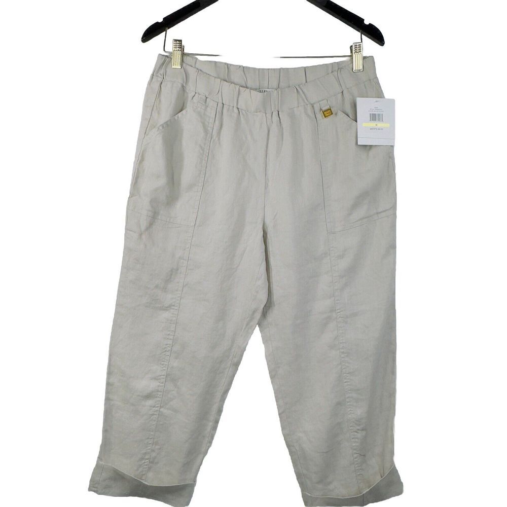 Ellen Tracy 100% Linen Gray Pull On Wide Leg Cropped Capri Pants M NWT - Picture 1 of 8